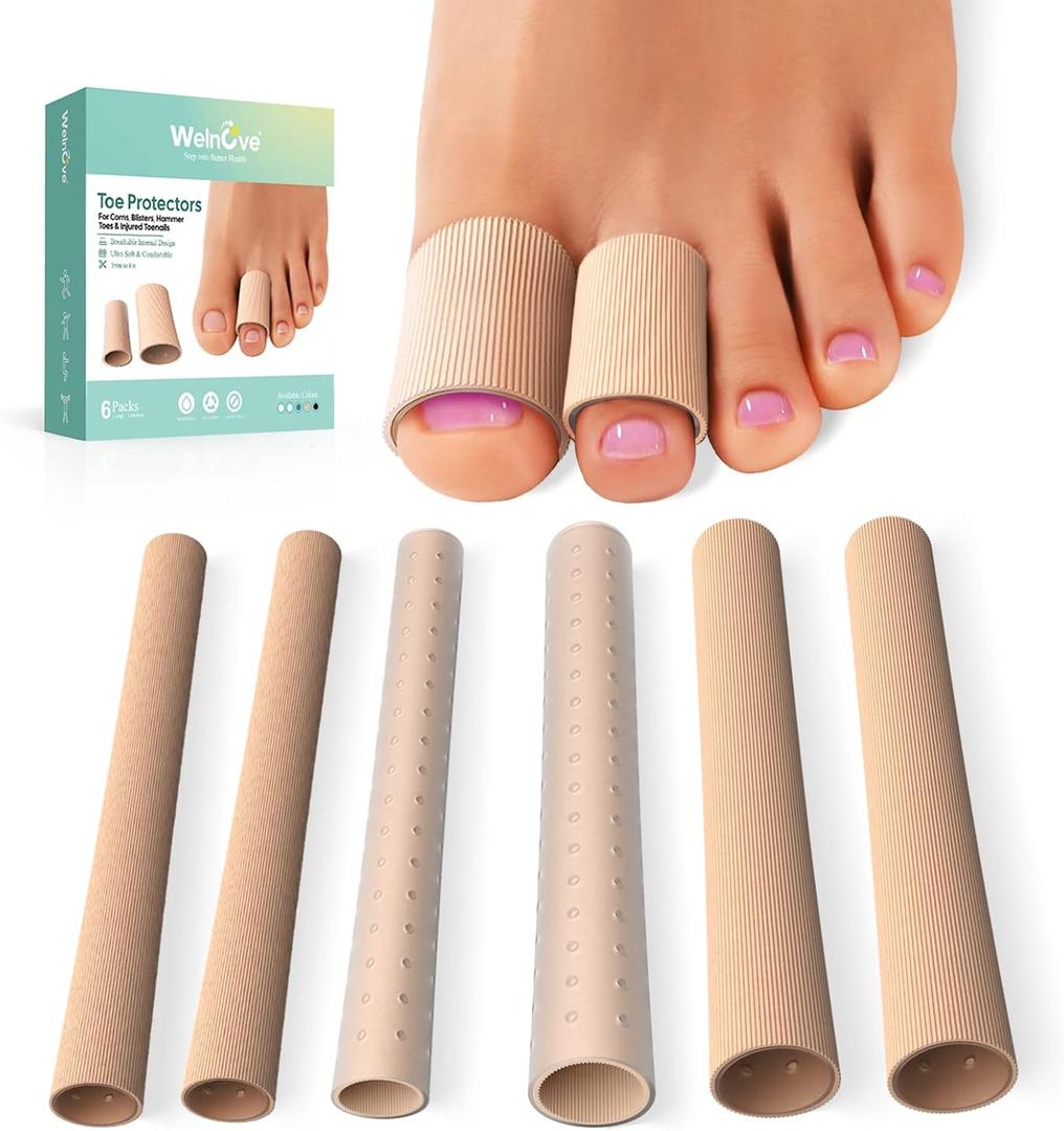 Welnove Cuttable Toe Tubes Sleeves - 6 Pack Toe Protectors for Corns, Calluses, Blisters - Fabric & Breathable Gel Lining Toe Sleeve Protectors Relief Toe Pressure Pain (Beige - 3 Large + 3 Medium)