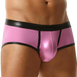 FEOYA Men's Metallic Shiny Boxer Briefs Sexy Mesh Pouch Bulge Low Rise Short Leg Trunks Hot Pants Underwear (Large, Pink)