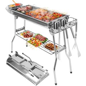 Portable Charcoal Grill, Folding Barbecue Grill with Storage Shelf, 39" x 13.39"x 27.56" Stainless Steel BBQ Smoker Barbecue Tool Kits for Outdoor Cooking Camping Hiking Picnics Backpacking (Large)