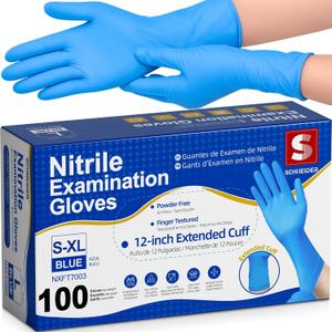 Schneider Nitrile Exam Gloves, Extended 12 Inches Cuff, Medium, 4 mil, 100-ct Box, Gloves Disposable Latex Free, Powder Free for Medical, Food Prep, Cleaning, Cooking, Blue (Blue, M)