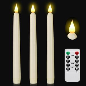 Flameless Taper Candle with Remote Control, 3pack Plastic LED Candles, Flickering Battery Operated, 9.2''Classic Tall Candles for Wedding, Party,Christmas,Home Decor (Ivory)