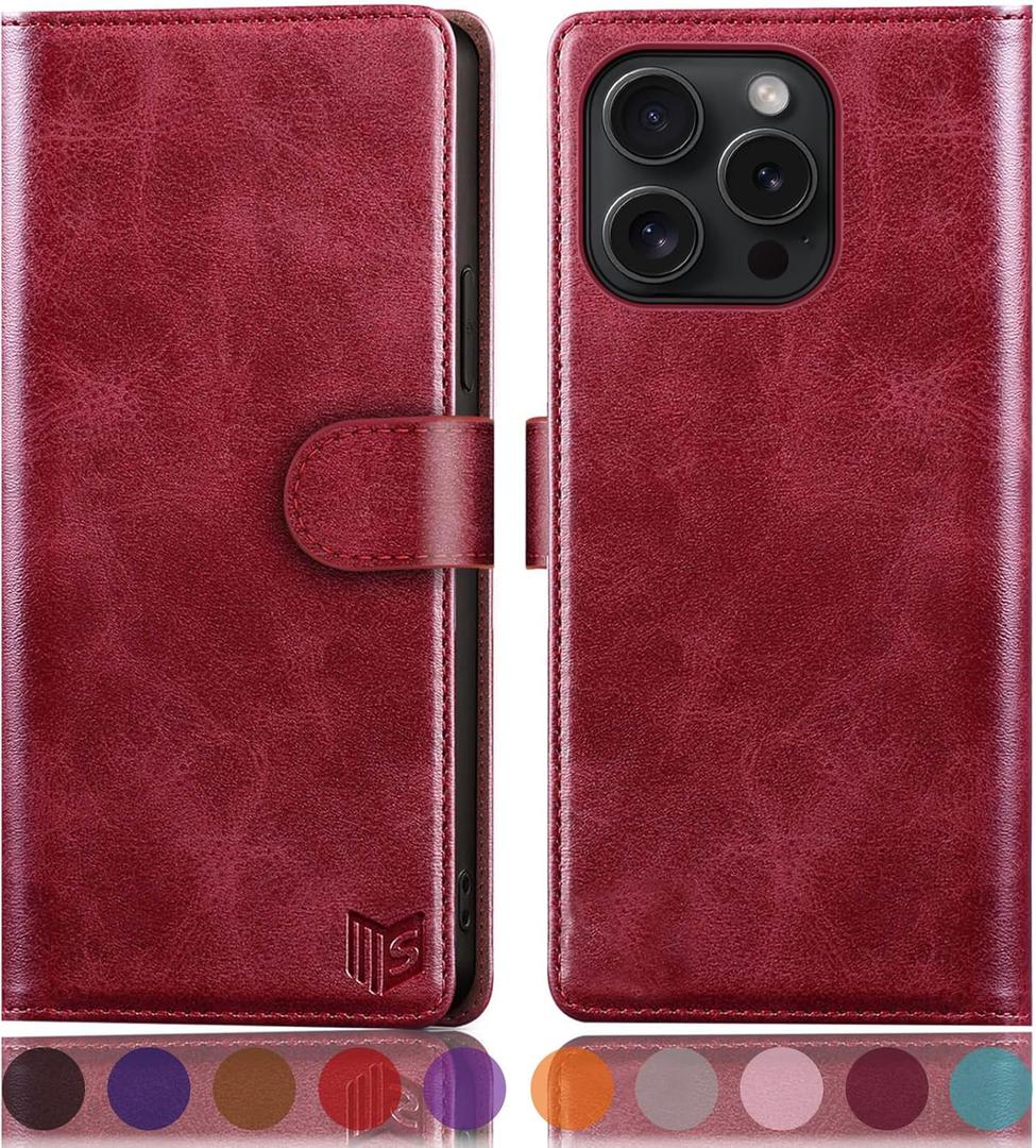 SUANPOT Compatible with iPhone 16 Pro 6.3" Wallet case with RFID Blocking Credit Card Holder,Flip Book PU Leather Protective Cover Women Men for Apple 16 Pro Phone case Red