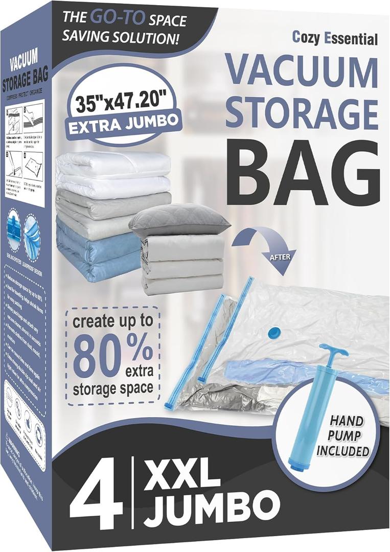 Cozy Essential Vacuum Storage Bags, 80% Compression Vacuum Seal Space Saver Plastic Packaging Bags for Clothes, Blankets, Pillow, Bedding, Comforters, Sealer Clothing Storage,4 XXL Jumbo