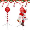 Geelin 47 Inch Christmas Wooden Stocking Holder Stand Freestanding Christmas Stocking Stand Rack with 7 Hooks with Red Ribbon for Xmas Living Bedroom Room