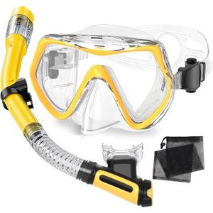 Snorkeling Gear for Adults,Dry-Top Snorkel Mask Set with Carry Bag,180 Panoramic View, Anti-Fog Anti-Leak Tempered Glass Diving Mask,Adjustable Snorkel Kit for Scuba Diving,Swimming,Snorkeling Travel (Yellow)