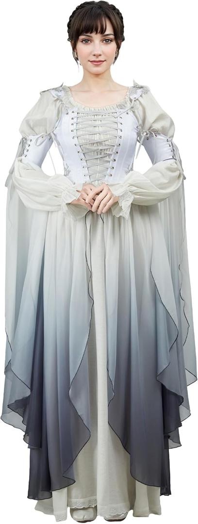 Renaissance Costume Women Ren Faire Dress Outer Garment Elf Costume for Women(Underskirt Not Included) (X-Large, Gradient Gray)