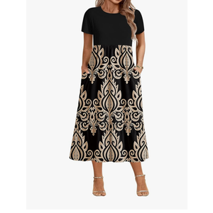 Women Plus Size Short Sleeve Dress Loose Plain Casual Summer Flowy Tiered Long Maxi Dresses with Pockets Size M, Color Name Mz491