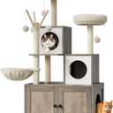 Litter Box Enclosure with Cat Tree Tower and Condo Brush Post and Passage Hidden Cat Washroom Furniture with Sisal Scratching Post & Soft Plush Perch Wooden Cat Furniture with Multiple Platforms