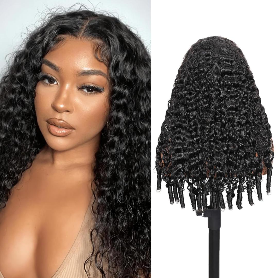 13x6 Lace Front Glueless Human Hair Wig for Black Women Burmese Curly Water Wave Wig 200% Density Pre Plucked Transparent Lace Frontal Wig with Spiral End Natural Color(18 Inch, Glueless Wig, 200)
