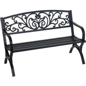 FDW Outdoor 50 Inches Garden Bench, Slatted Seat Armrests Floral Design Backres and Arch Legs, Perfect for Park, Yard, Porch, Lawn, Balcony, Backyard, Black