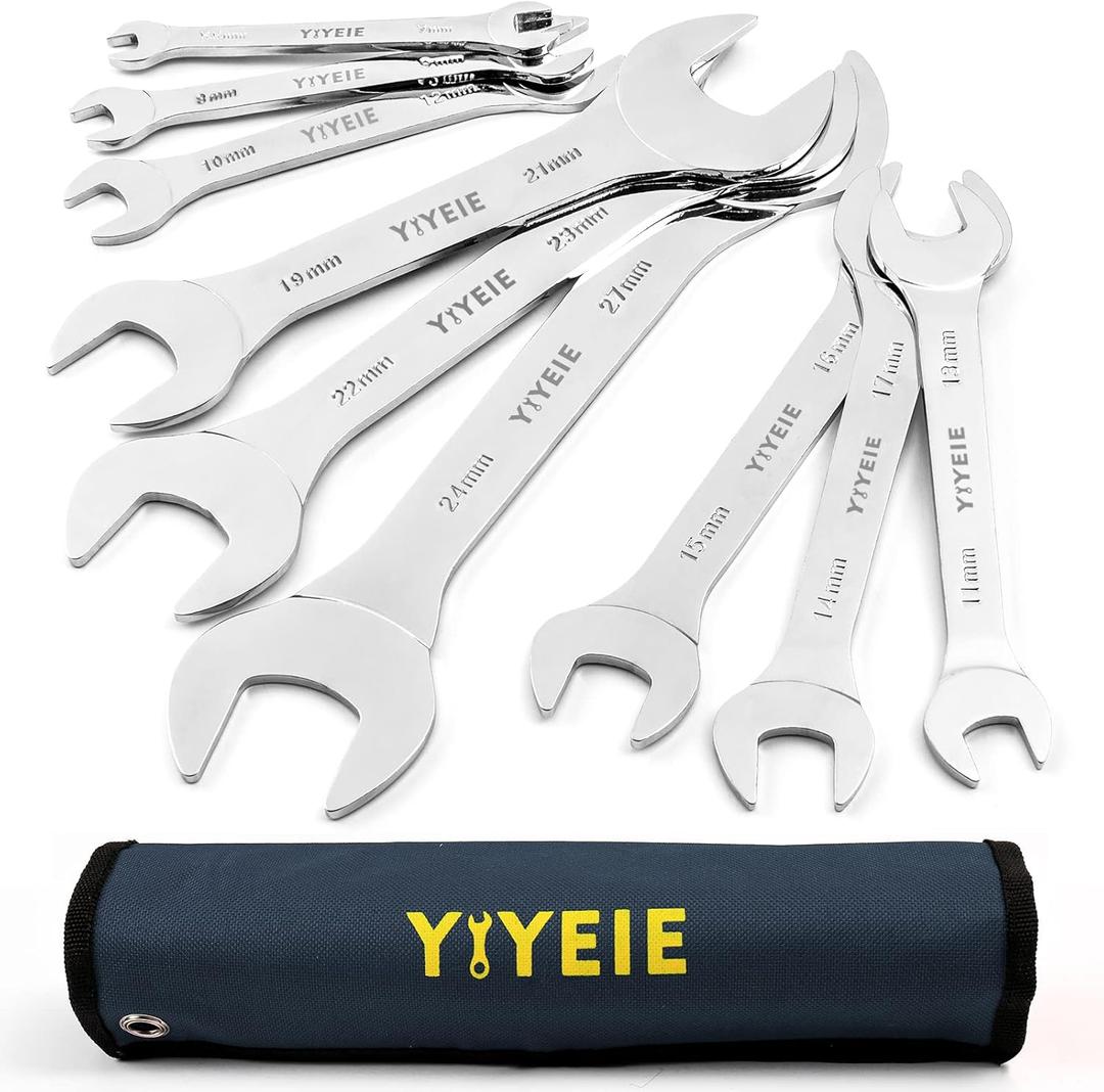 Yiyeie 9Pc. Super-Thin Open End Wrench Set, Metric 5.5, 7, 8, 9, 10, 11, 12, 13, 14, 15, 16, 17, 19, 21, 22, 23, 24, 27 mm, CR-V Steel, Ultra-Slim Flat Wrench Set with Roll-up Pouch (Chrome Finish)