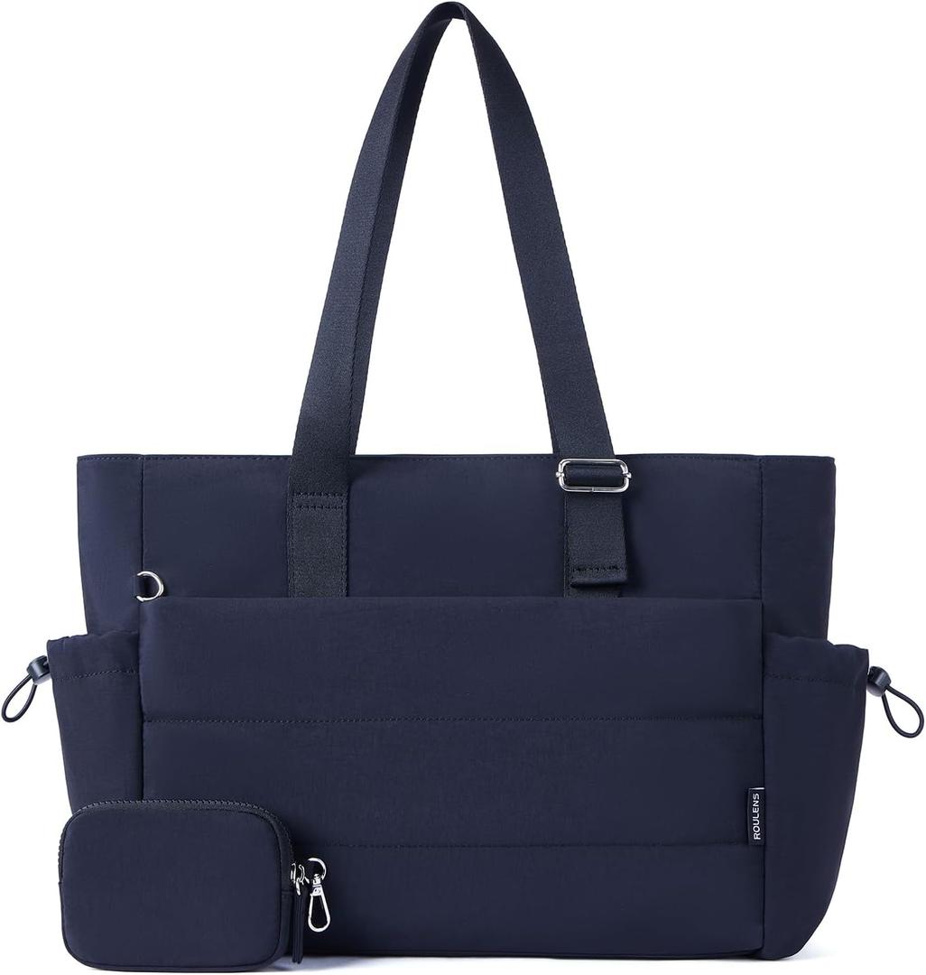 Roulens Tote Bag for Women 2 Set Puffer Tote Bag with Adjustable Top-handle, Quilted Shoulder Handbag for Work/Travel (Black)