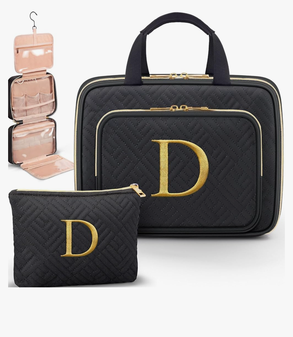 Gifts for Women, Initial Toiletry Makeup Bag Hanging Cosmetic Organizer with Embroidery Letter Personalized Nurse Teacher Appreciation Birthday Valentines Day Gifts for Mom Sister Wife Friends Auntie