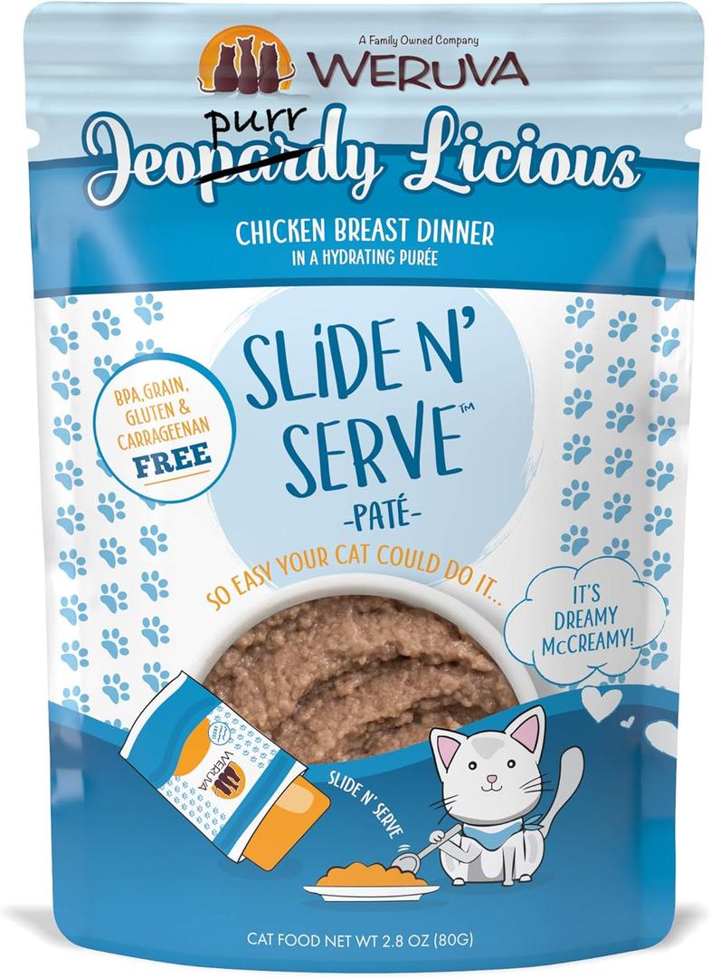 Weruva Slide N' Serve Pat Wet Cat Food, Jeopurrdy Licious Chicken Dinner, 2.8oz Pouch (Pack of 12)