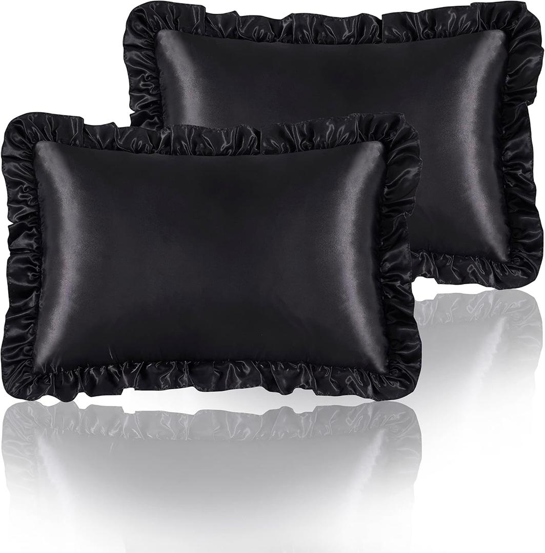 HommxJF Silky Satin Ruffled Pillow Cases for Hair and Skin, Black Silk Pillowcases Queen Set of 2 with Envelope Closure Princess Room Decoration