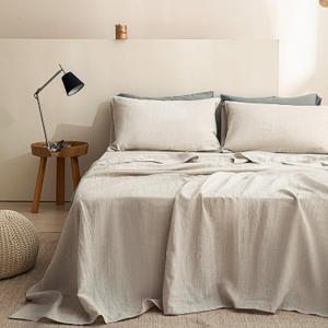 Linen Sheets King Size Set, Linen Bed Sheets, Breathable Soft Durable Bedding Set for All Season (Linen, King)
