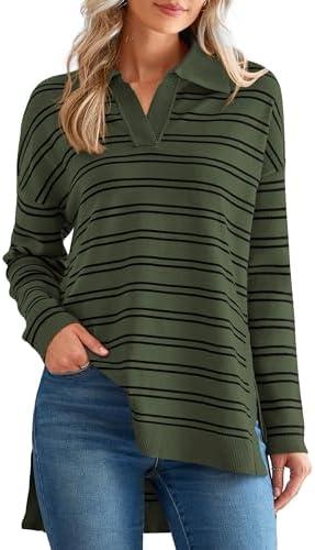 MASCOMODA Womens Sweaters Fall 2025 Oversized Striped Sweater Long Sleeve Polo V Neck Loose Side Slit Knitted Tunic Tops Size Xs