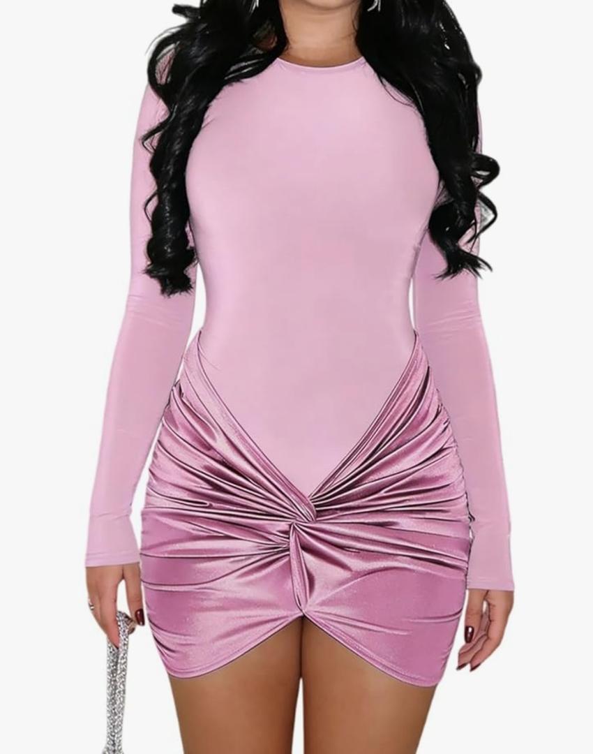 Ekaliy Women's Sexy Long Sleeve Mini Dress Elegant Crew Neck Twist Waist Ruched Bodycon Cocktail Party Short Dresses XL