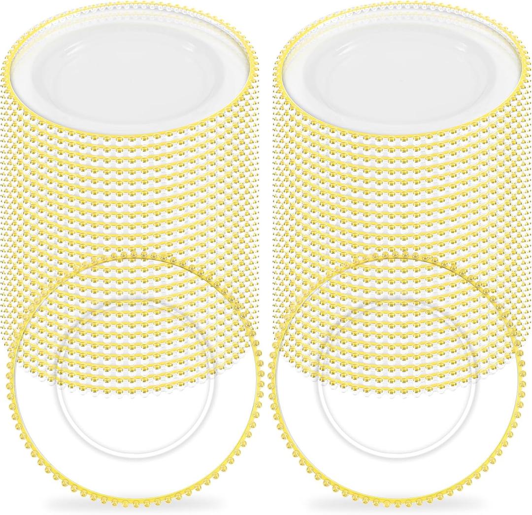 50Pcs Clear Charger Plates Bulk Wedding - 13" Premium Clear Plastic Chargers with Gold Beaded Rim, Decorative Dinner Charger Plates for Events & Parties