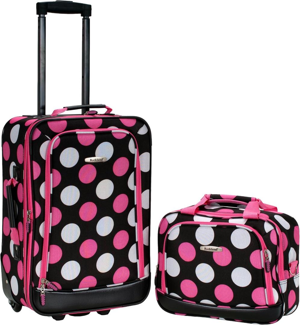 Rockland Fashion Softside 2 Piece Luggage Set, Expandable, (14" Tote/19" Upright), Multi Pink Dot
