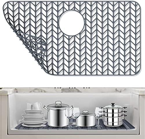 AWOKE Silicone Sink Protectors for Kitchen Sink, 28"'x 14'' Folding Non-slip Sink Mat Grid, for Bottom of Farmhouse Stainless Steel Porcelain Sink with Rear Drain (Grey)