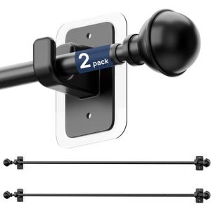 ENJOYBASICS 2 Pack No Drill Curtain Rods for Window 48 to 84 Inches, 5/8 Inch Diameter Renter Friendly Drapery Rod with Adhesive Brackets without Drilling, Adjustable from 27 to 90 Inches, Black