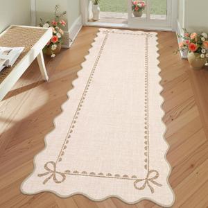 GarveeHome Scalloped Bow Rug for Living Room, Solid Beige Rug for Dorm, Washable Runner Rug 2.5x10 Soft Low Pile Non Slip Scalloped Rugs for Nursery Bedroom Decor Hallway Entryway Playroom
