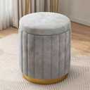 Modern Velvet Storage Ottoman, Round Vanity Stool with High Resilience Sponge, Multifunctional Footrest Makeup Chair with Wooden Frame, Pink (Grey)