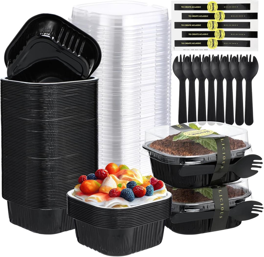 Sliner 100 Pcs 10 oz Mini Cake Pans with Lids Aluminum Foil Disposable Baking Loaf Tins, Spoon, Stickers, Square Cupcake Container for Muffin Ramekins Brownie Wedding Birthday Party(Black Silver)