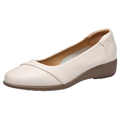 Necery Women Bunion Dress Leather Shoes Low Heel Orthotic Wedges Orthopedic Loafers Work Pumps Beige 7