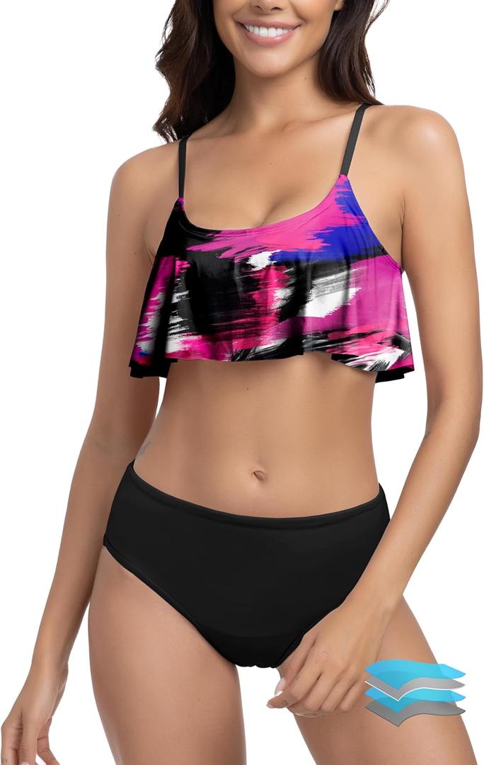 Beautikini Period Swimwear for Teen Menstrual Leakproof Ruffle Bikini Set Period Bikini Swimsuits Bathing Suit for Teen Girl (X-Small, Black Print)