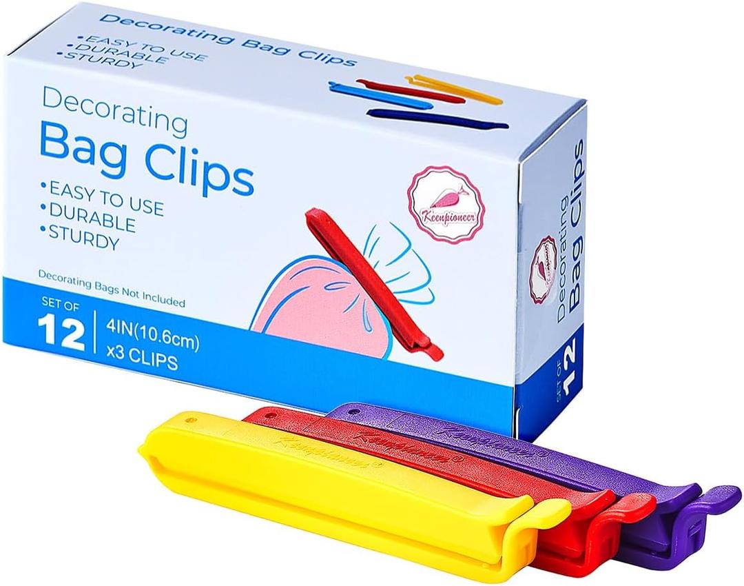 Keenpioneer Bag Sealing Clips for Food and Snack Storage, Decorating/Icing Bag Sealing Clips, 4inch, 12-Piece, 4-Color (Medium (Pack of 12))