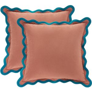 MONDAY MOOSE Decorative Throw Pillow Covers Cushion Cases, Set of 2 Soft Velvet Scalloped Wavy Edge Designs, Mix and Match for Home Decor, Pillow Inserts Not Included (Teal/Pink, 16x16 inch)