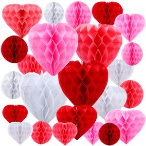 48 Pcs Valentine's Day Paper Heart Shaped Honeycomb Party Decorations Red Pink White Round Heart Tissue Paper Pom Poms for Birthday Wedding Decorations, 5 Size