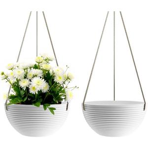 Asnext Line Pattern 10 Inch Hanging Planter for Indoor Outdoor Plants, 2 Pack Round Hanging Pots for Plants (White)