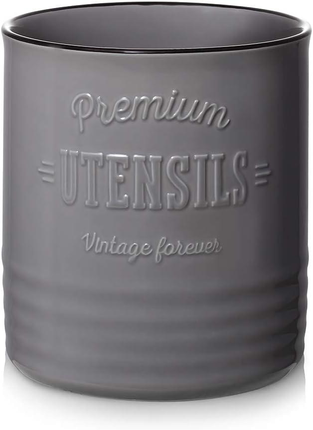 DOWAN 7.2 Extra Large Kitchen Utensil Holder - Farmhouse Utensil Holder for Countertop - Ceramic Utensil Crock with Protection Cork Mat - Kitchen Decor & Housewarming Gift (Grey)