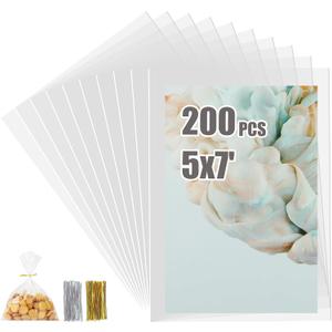 200 PCS Cellophane Treat Bags 5x7 Inches Clear Cellophane Gift Bags with 4" Twist Ties, Clear Goodie bags, Cookie bags, Candy bags, Plastic Bags for Treats Gifts Giving Birthday Party Favors
