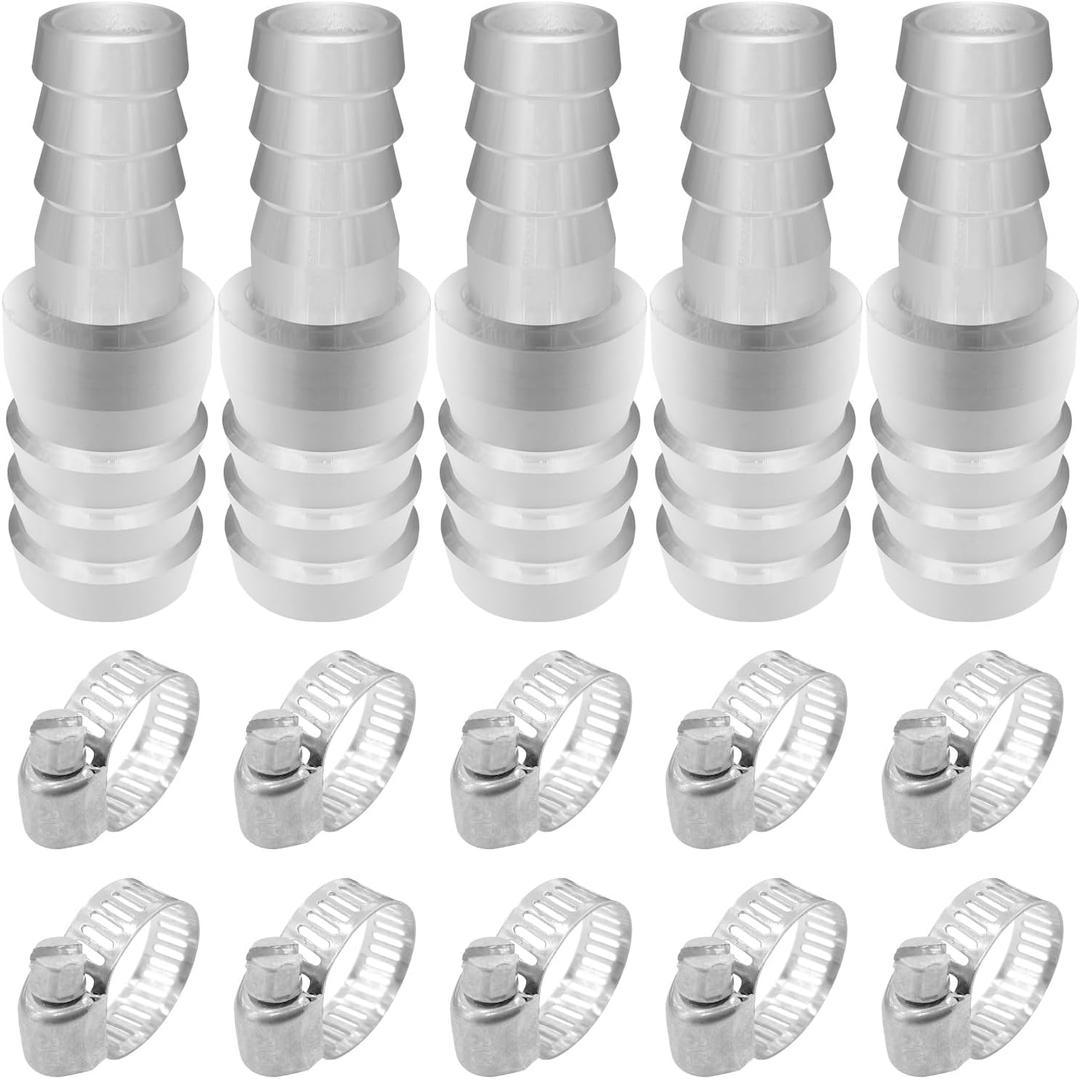 15Pcs Hose Barb Reducer 3/4 Inch to 1/2 Inch Barb Hose Reducing Fittings with Hose Clamps, Stainless Steel Hose Barb Reducer Splicer Mender Union Adapter for Air Water Fuel