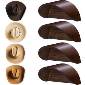 Cowboy Hat Holder Rack for Wall, 4 Pack Hat Hooks with Non-Damage Brim Design, Rustic Wood Hats Hanger on Wall to Keep Original Shape of Hats, for Home, Closet, Entryway, Cabin, Western Room Decor