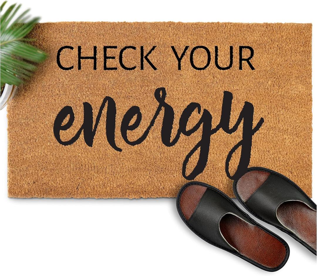 Check Your Energy Outdoor Welcome Mat 30x17 Inch, Funny Coir Doormat, Funny Door Mat w/Non Slip PVC Backing
