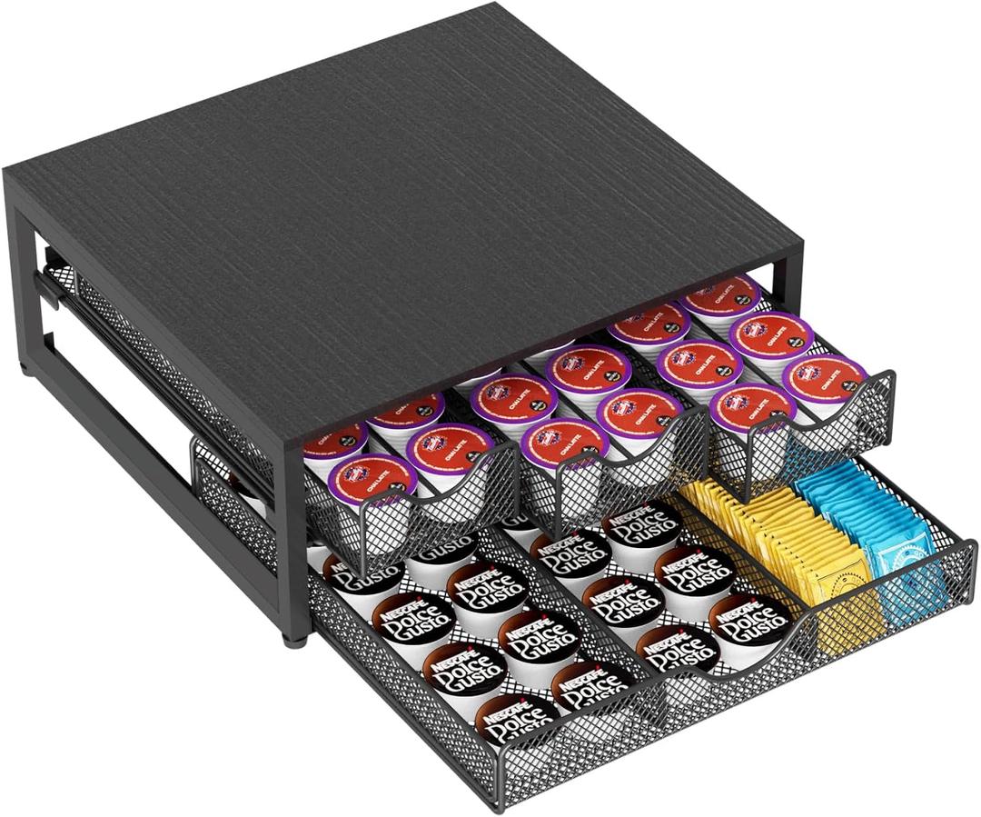 Coffee Pod Holder For Counter, 3 Pull-Out 72 K-Cup Holder Drawer, Wooden Cafe Pods Storage Organizer with Sliding Drawers for Coffee Station, Home, Kitchen, Office, Dorm (Black)