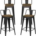 24 Inch Metal Bar Stools Set of 4, Metal Stools for Kitchen Counter with Wood Seat, Low Back Industrial Barstools (Matte Black)