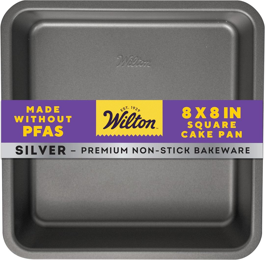 Wilton Silver Non-Stick 8 x 8 Inch Square Brownie Cake Pan, Stainless Steel Bakeware, Made without PFAS, Packaging May Vary