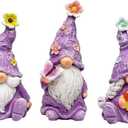 Gnome Decoration Figurine Outdoor Statue Resin 3pcs Flowers Spring Gnomes, Home Decoration Ornaments for Desktop Bookshelves Courtyard Garden Gift (Purple)