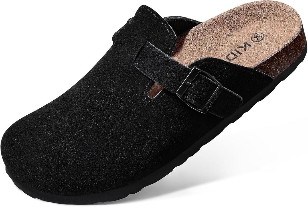 KIDMI Genuine Suede Clogs for Women Cork Footbed Sandals Leather Mules Potato Shoes with Arch Support (5.5, Black)