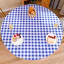 Round Vinyl Fitted Tablecloth with Flannel Backing Elastic Edge Design Table Cover Waterproof Oil-Proof PVC Table Cloth Stain-Resistant Best for 45"-56" Round (Blue Checkered)