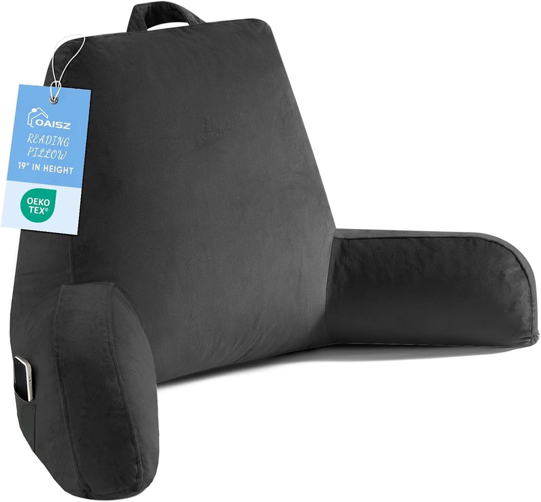 Reading Pillow for Sitting in Bed Adult, Reading Pillow with Shredded Memory Foam, Back Pillow for Bed Sitting Up with Extend Arms, Pockets, Pillow with Washable Cover,Black, X-Large