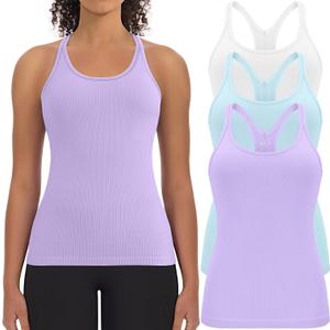 3 Pack Workout Tank Tops for Women with Built in Bra Ribbed Seamless Racerback Athletic Running Gym Yoga Tops, S