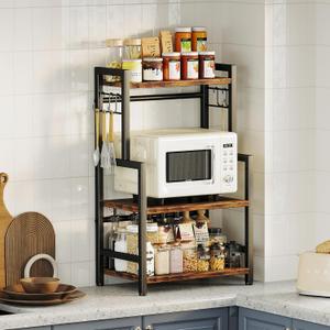 Kitchen Countertop Organizer,3 Tier Large Spice Rack Organizer with Adjustable Shelf and 5 Hooks,Wooden Counter Organizer,Space Saving Countertop Shelf Microwave Stand for Kitchen,Bathroom,Coffee Bar (Small, Vintage)