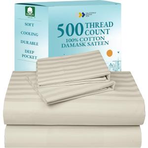 California Design Den 4 Piece King Size Sheet Set - 100% Cotton 500 Thread Count Sateen, Deep Pocket Bed Sheets with Fitted Elastic Sheet, Soft Luxury - Striped Ivory